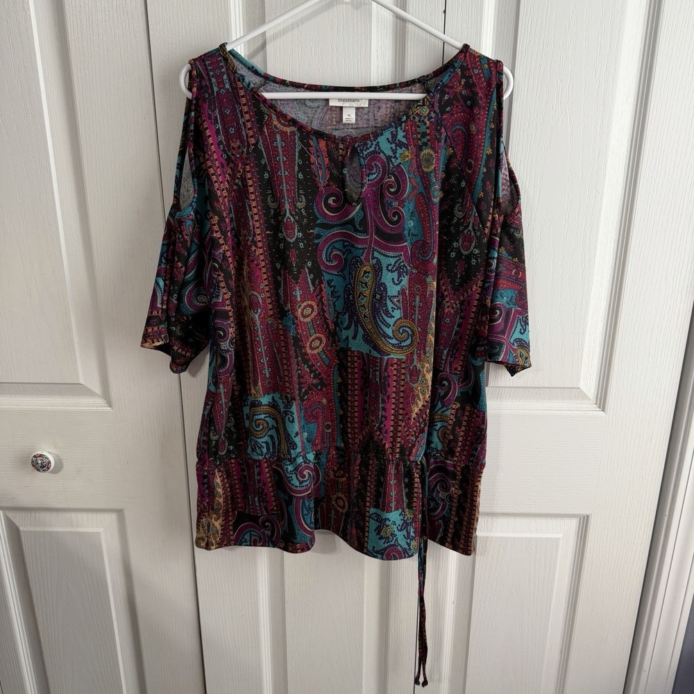 Dressbarn Multicolor Paisley Cold Shoulder Waist Tie Blouse Women's Size XL